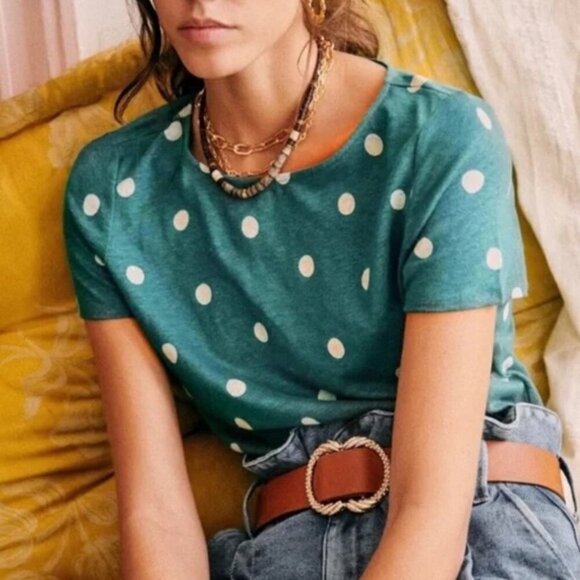 Sezane 100% Linen Andre T-Shirt Green White Polka Dots Size Medium Tee Blouse M - Picture 2 of 12